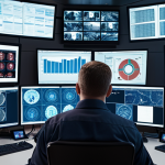 **A security monitoring center with analysts actively investigating security alerts on multiple screens, highlighting the use of AI and machine learning to detect threats. Focus on modern technology and a sense of urgency.**