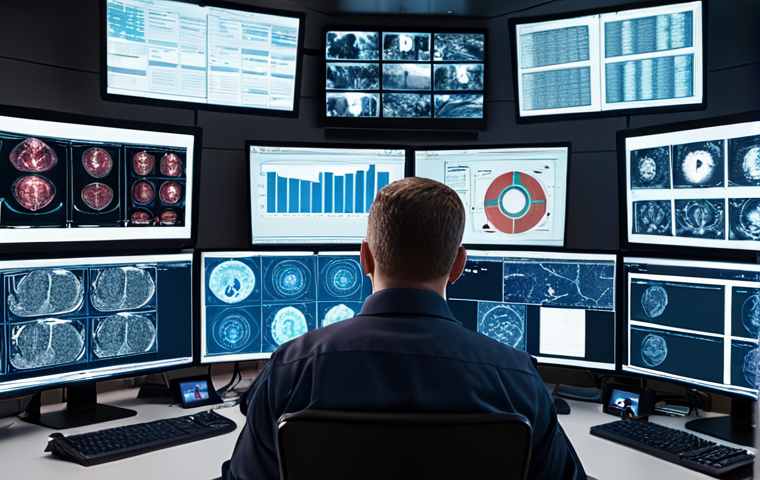 **A security monitoring center with analysts actively investigating security alerts on multiple screens, highlighting the use of AI and machine learning to detect threats. Focus on modern technology and a sense of urgency.**