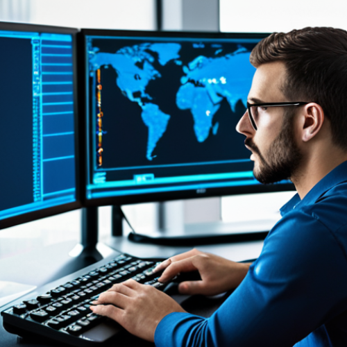 Home 22 **Network Security Expert:** A focused cybersecurity professional analyzing network traffic with Wireshark, in a modern security operations center.