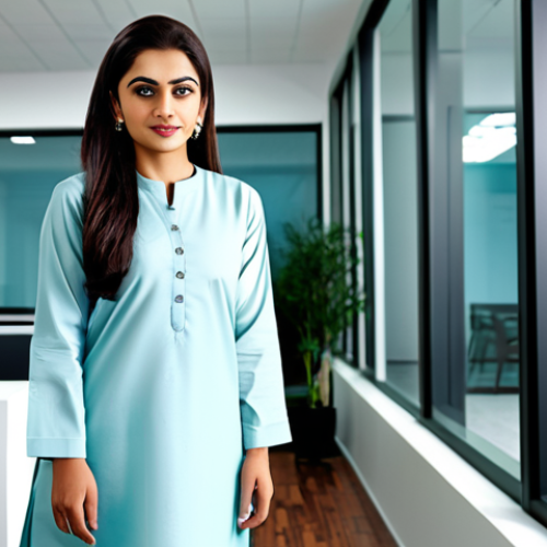 Home 9 ** A fully clothed professional woman in a modest shalwar kameez, standing in a brightly lit, modern office, safe for work, appropriate content, perfect anatomy, natural proportions, professional photography, high quality.
**