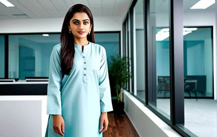 ** A fully clothed professional woman in a modest shalwar kameez, standing in a brightly lit, modern office, safe for work, appropriate content, perfect anatomy, natural proportions, professional photography, high quality.
**