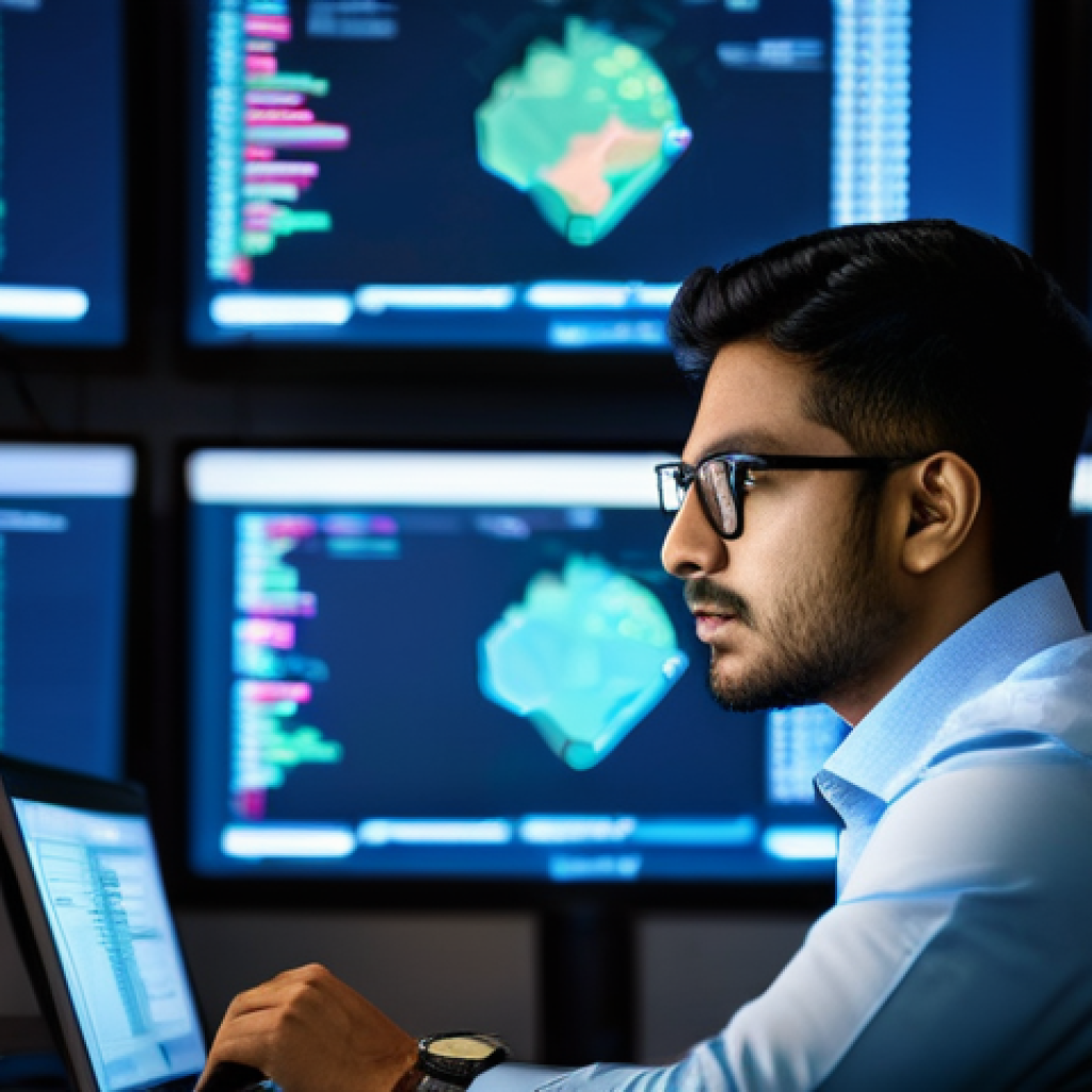 보안관제 직업 만족도와 성장 가능성 - **Prompt:** A focused and determined South Asian male SOC (Security Operations Center) analyst, in h...