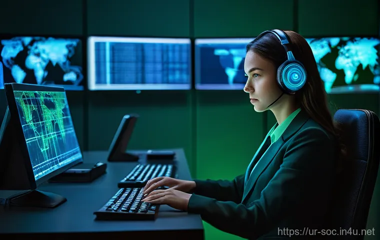 보안관제센터 보안 인증 종류 - **Prompt:** A dynamic, wide shot of a cybersecurity analyst, a woman in her late 20s, intensely focu...