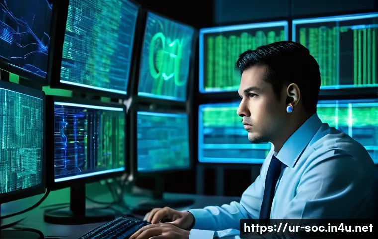 보안관제센터 자동화 툴 활용법 - **Prompt:** A male cybersecurity analyst, wearing a clean, professional uniform, sits in a dynamic, ...