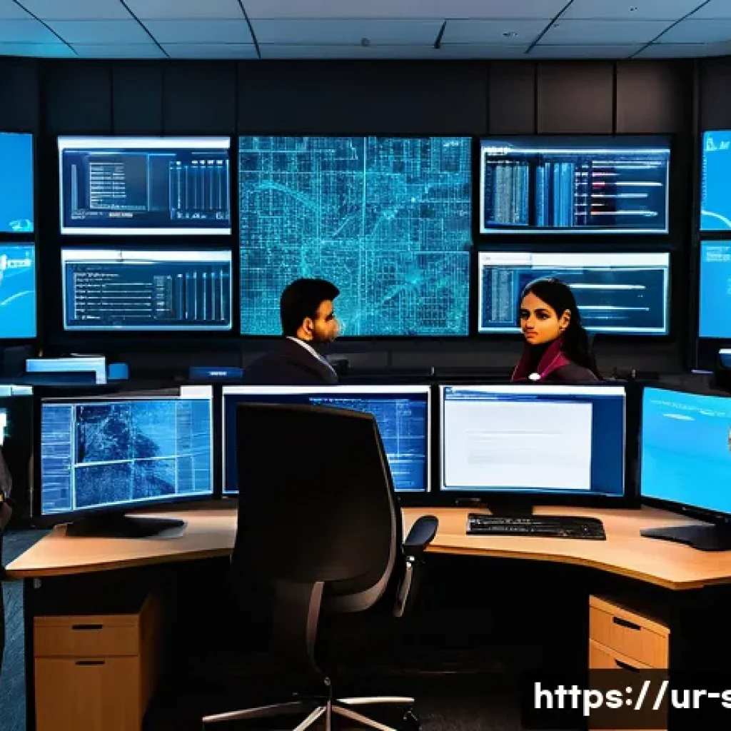 보안관제 신입 입사 성공 비결 - A detailed cyber security operations center (SOC) scene focused on a diverse team of professionals a...