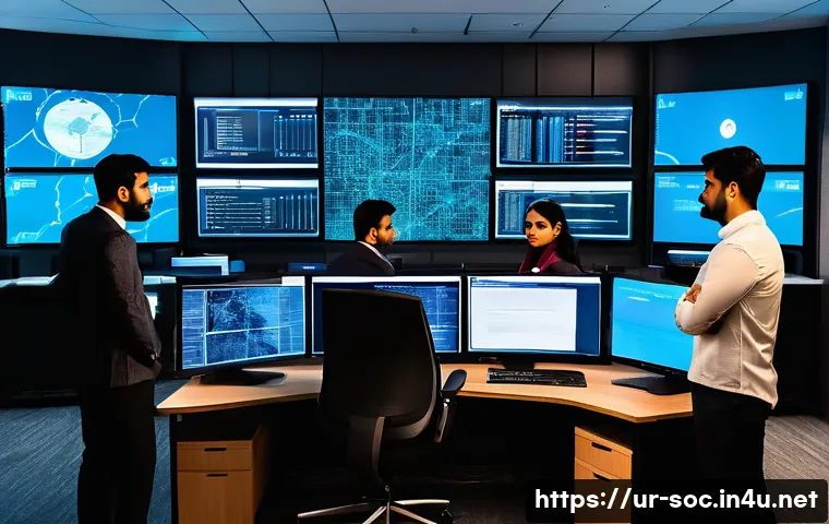 보안관제 신입 입사 성공 비결 - A detailed cyber security operations center (SOC) scene focused on a diverse team of professionals a...