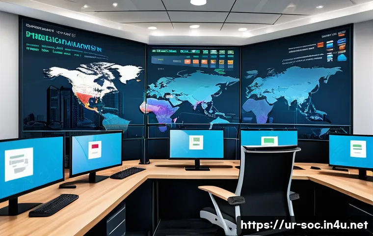 보안관제센터에서의 네트워크 설계 사례 - A detailed illustration of a modern network security architecture in a corporate office setting in P...