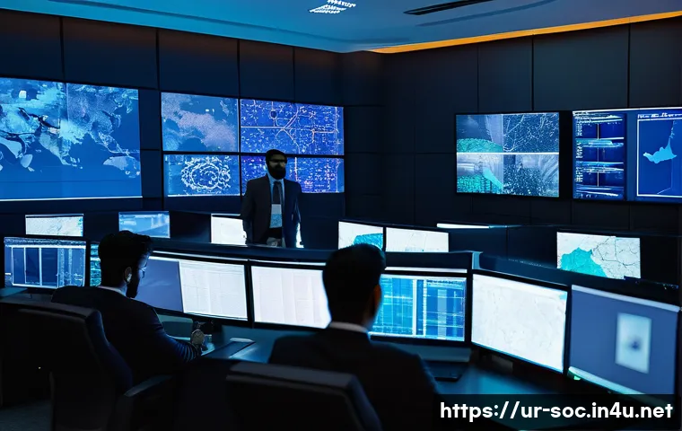 보안관제센터 장단점 분석 - A high-tech Security Operations Center (SOC) room with a diverse team of cybersecurity experts weari...
