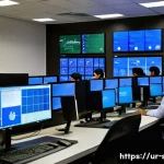 보안관제센터 근무 시간과 라이프 밸런스 - A modern security operations center with a diverse team of professionals wearing modest office attir...