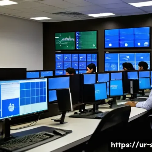 보안관제센터 근무 시간과 라이프 밸런스 - A modern security operations center with a diverse team of professionals wearing modest office attir...