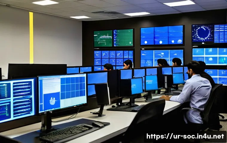 보안관제센터 근무 시간과 라이프 밸런스 - A modern security operations center with a diverse team of professionals wearing modest office attir...