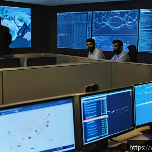 보안관제센터에서의 정책 준수 사례 - A modern Security Operations Center (SOC) room filled with a diverse team of Pakistani cybersecurity...