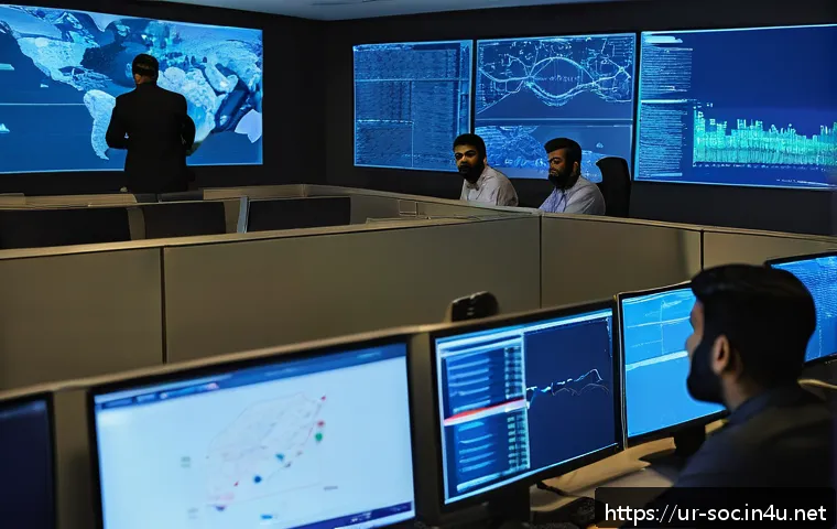 보안관제센터에서의 정책 준수 사례 - A modern Security Operations Center (SOC) room filled with a diverse team of Pakistani cybersecurity...