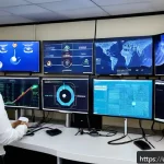 보안관제센터 실시간 위협 분석 사례 - A modern cybersecurity operations center in Pakistan, featuring a diverse team of professionals acti...