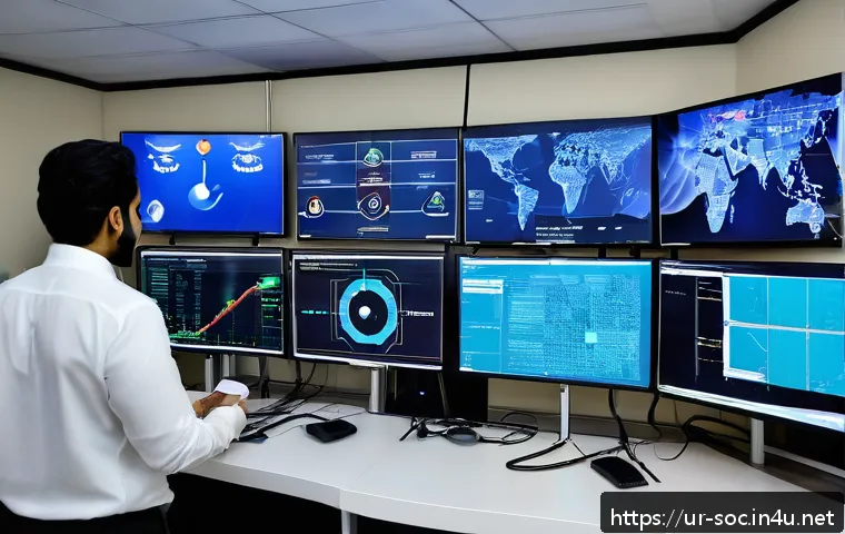 보안관제센터 실시간 위협 분석 사례 - A modern cybersecurity operations center in Pakistan, featuring a diverse team of professionals acti...