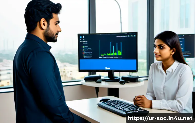 Home 17 보안관제센터 신입 연봉 협상 사례 - Photorealistic Pakistani young cybersecurity graduate in modest professional attire negotiating a fi...